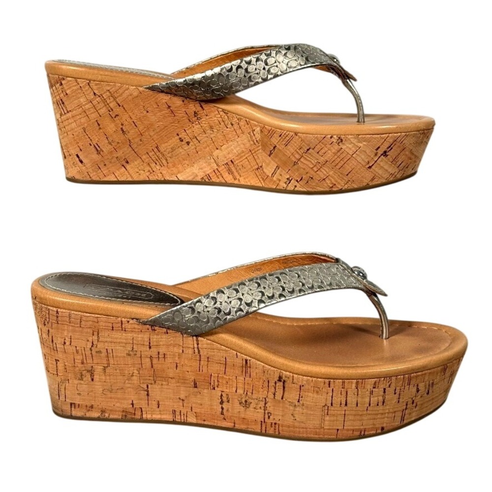 Coach Jorgina Signature Metallic Silver Cork Wedge Sandals Size 7B China